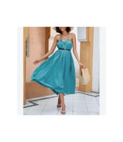 Solid Color Halterneck Cutout Mid-Length Open Back Swing Pleated Dress With Belt Sexy Wholesale Dresses SDN533124