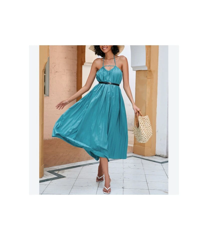 Solid Color Halterneck Cutout Mid-Length Open Back Swing Pleated Dress With Belt Sexy Wholesale Dresses SDN533124
