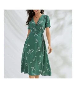 Printed V-Neck Tie-Up Waist Short Sleeve Mid-Length A-Line Dress Casual Wholesale Dresses SDN533191
