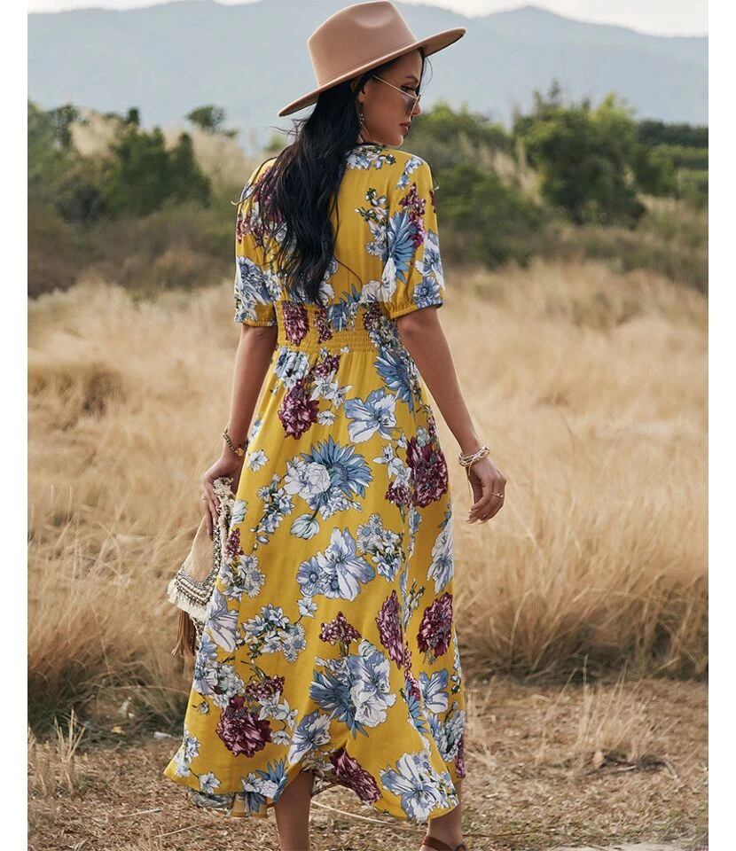 Sexy Deep V Floral Swing Dress Short Sleeve Slim Drawstring High Slit Vacation Wholesale Dresses SDN560326 - Image 7