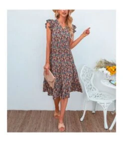 Floral Print V-Neck Frill Sleeve Midi Swing Dress Casual Summer Wholesale Dresses SD204674