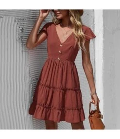 Short Sleeve V Neck Ruffle Hem Wholesale Swing Dresses SD204543