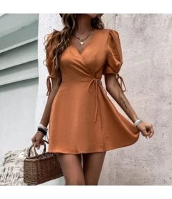 Solid Color V Neck Short Sleeve Tie Waist Wholesale Mini Dresses SD204305