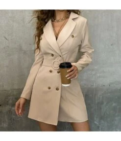 Surplice Collar Double Button Belt Blazers Mini Dress SD080130