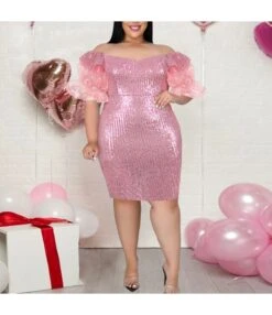Puff Sleeve Off Shoulder Sequined After Party Slit Dress Wholesale Dresses N4623050600006