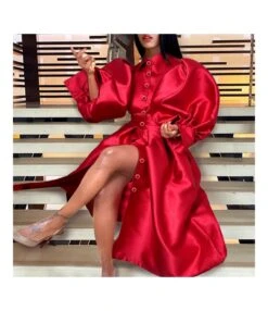 Solid Lapel Collar, Long Puff Sleeves, Button Down, Big Swing, Party Dresses Wholesale Dresses SDV463697