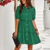 Solid Color Casual Lapel Puff Short Sleeve Smocked Dress Wholesale Dresses N5323032300139
