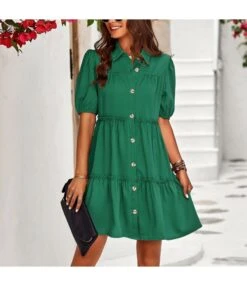 Solid Color Casual Lapel Puff Short Sleeve Smocked Dress Wholesale Dresses N5323032300139