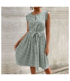 Casual Print Sleeveless Dress Floral Pleated Tie-Up A-Line Wholesale Dresses SDN561296