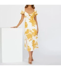Floral Print Women Fashion Puff Sleeve Square Neck Split Hem Wholesale Midi Dresses SD184077