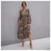 V Neck Buttons Trim Leopard Print Women Dress Wholesale SD030508