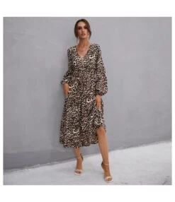 V Neck Buttons Trim Leopard Print Women Dress Wholesale SD030508