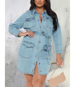 Single-breasted Flap Pocket Self Tie Denim Dress