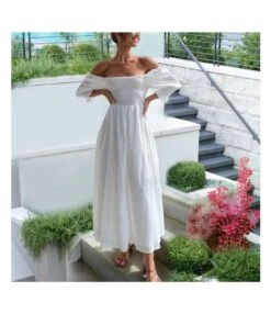 Sexy Off Shoulder Backless Dress Pleated Jacquard Solid Color Wholesale Dresses SDN561314