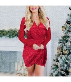 Sexy Long Sleeve V-Neck Christmas Wrap Velvet Dress Wholesale Bodycon Dresses SDN536046