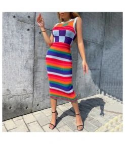 Colorblock Plaid Sleeveless Bodycon Knit Tank Dress Wholesale Dresses SDN536322
