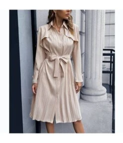 Trendy Long Sleeve Tie-Up Pleated Trench Coat Dress Wholesale Shirt Dresses SDN536044