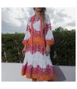 Casual Lace-Up Midi Dress High Waist Puff Long Sleeve Wholesale Dresses SDN561520