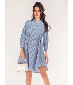 Rollable Sleeve Belted Stripe Shirt Dress