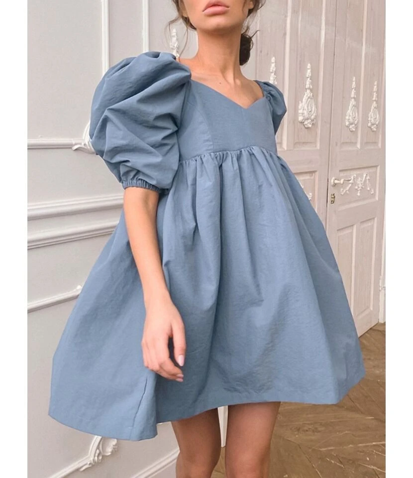 Puff Sleeve V-neck Flare Dress - Image 4