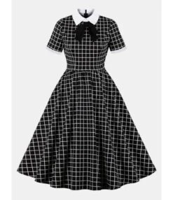 Vintage Bowknot Neck Plaid Swing Dress