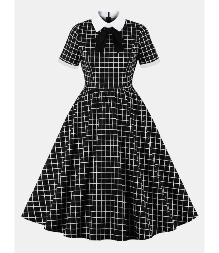 Vintage Bowknot Neck Plaid Swing Dress