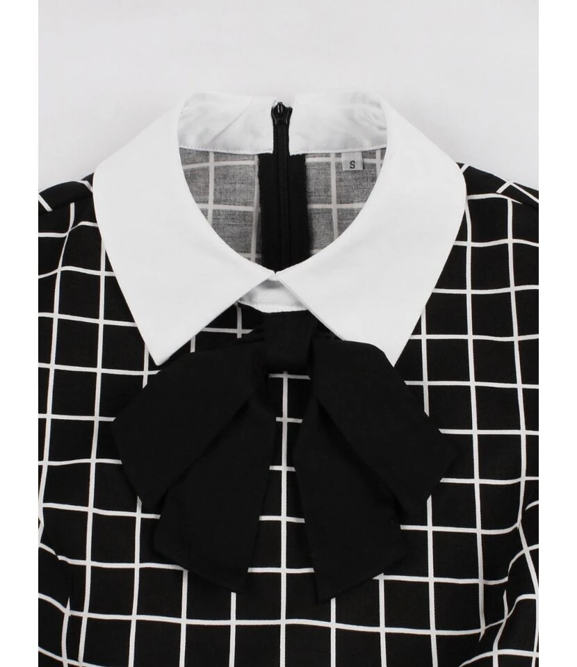 Vintage Bowknot Neck Plaid Swing Dress - Image 4