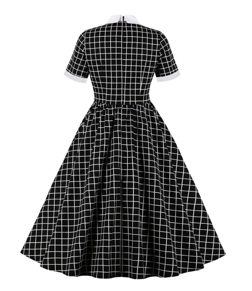 Vintage Bowknot Neck Plaid Swing Dress - Image 3