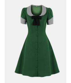 Vintage Square Collor Bowknot Plaid Patch Contrast Color Swing Dress 210522807