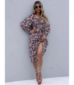 Square Neck Floral Printed High Waist Dress Wholesale Clothing 210820853
