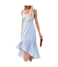 Sleeveless Striped Print Hollow Out Irregular Hem Wholesale Swing Dresses SD580130