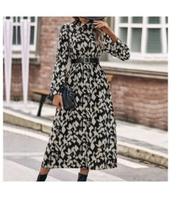 Long-Sleeve Half-High Collar Printed Waist A-Line Dress Wholesale Dresses SDN538601
