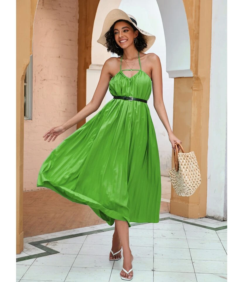 Solid Color Halterneck Cutout Mid-Length Open Back Swing Pleated Dress With Belt Sexy Wholesale Dresses SDN533124 - Image 11