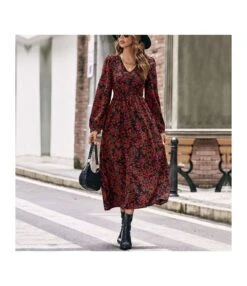 Long Sleeve V Neck High Waist Floral Printed A-Line Dress Wholesale Dresses SDN538605