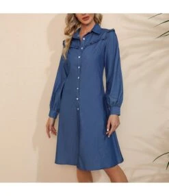 Long Sleeve Wholesale Womens Dresses Women Lapel Solid Denim SD181152