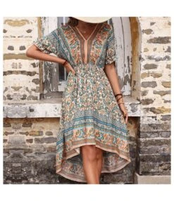 Vintage Print Puff Sleeve V Neck Irregular Wholesale Swing Dresses Vendors SD168445