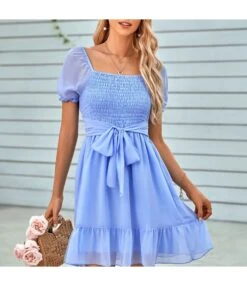 Solid Color V-Neck Waist Short-Sleeve Casual Ruffled Dress Wholesale Dresses SDN537952
