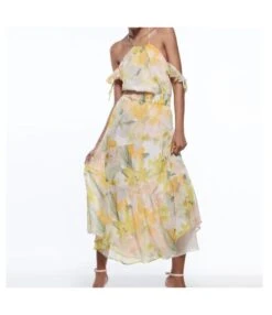 Floral Print Elastic Waist Off Shoulder Chiffon Ruffled Sleeve Flowy Resort Dress Wholesale Dresses SDN533227