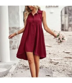 Sleeveless Solid Color Lapel Irregular Hem Tank Dress Wholesale Dresses SDN539519