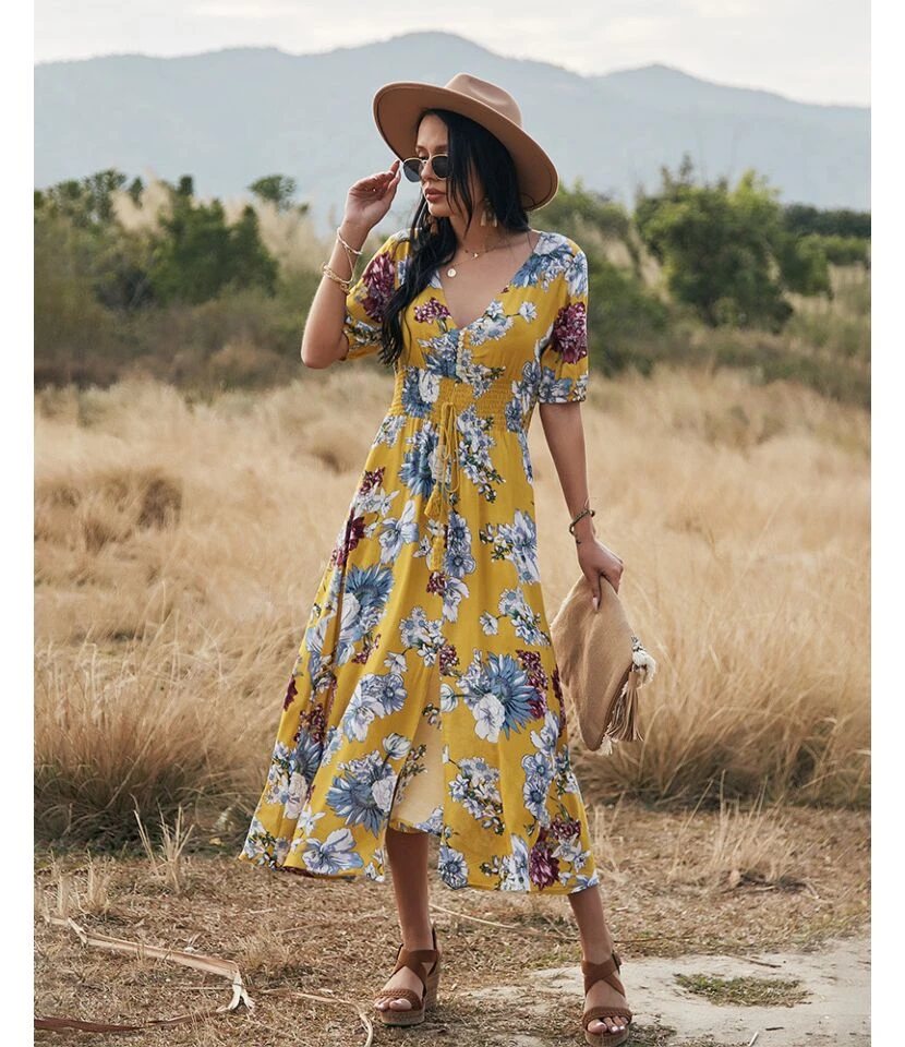 Sexy Deep V Floral Swing Dress Short Sleeve Slim Drawstring High Slit Vacation Wholesale Dresses SDN560326 - Image 6