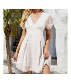Women Jacquard Swiss Dot Puff Sleeve V Neck Wholesale Swing Dresses SDN580769