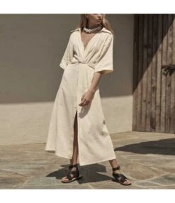 V Neck Solid Color Button Collar Half Sleeve Loose Ruched Shirtdress Wholesale Shirt Dresses N5323032000046