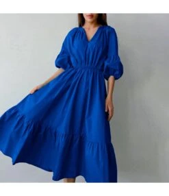 Klein Blue V Neck Puff Sleeve A-Line Dress High Waist Solid Color Midi Wholesale Dresses SDN560941