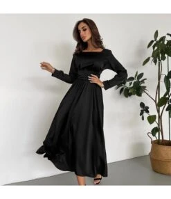 Solid Square Neck Slim Bow Tie Long Sleeve Midi Dress Wholesale Dresses SDV463850