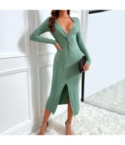 Sexy Slit Slim V-Neck Long-Sleeved Mid-Length Knit Dress Wholesale Dresses SDN537248