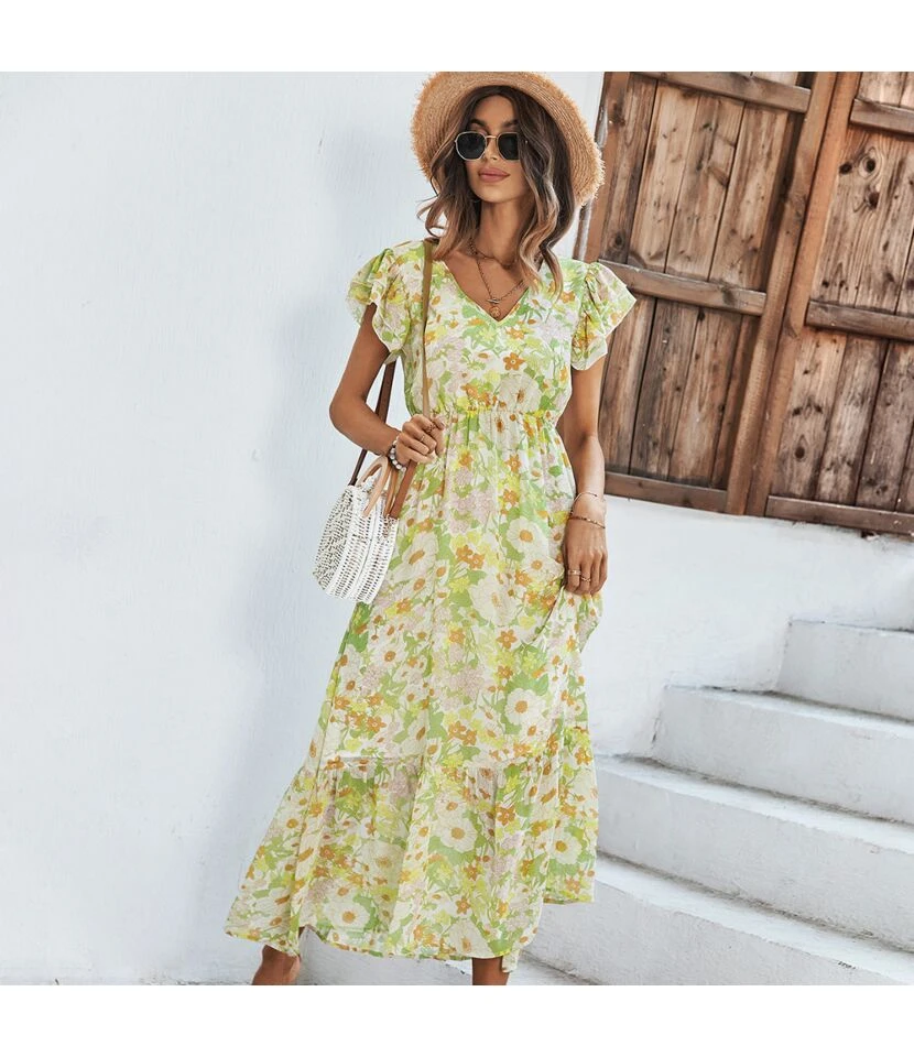 Floral Print Frill Sleeve V Neck Nipped Waist Mid-Length Ruffled Flowy Dress Casual Wholesale Dresses SDN533131 - Image 8