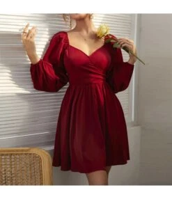 V-Neck Puff Sleeves Nipped Waist Vintage Dress Chic Wide Swing Wholesale Dresses SD204389