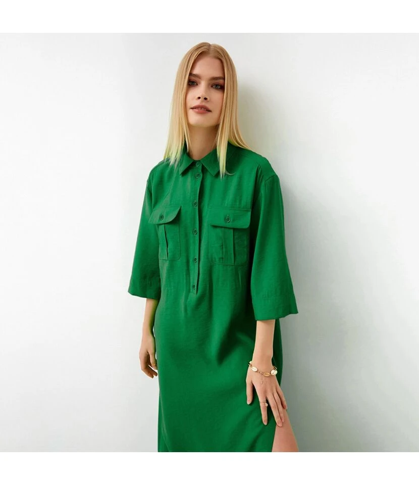 Casual Polo Neck Single-Breasted Tie-Up Solid Color Slit Maxi Shirt Dress Wholesale Dresses SDN562845 - Image 4