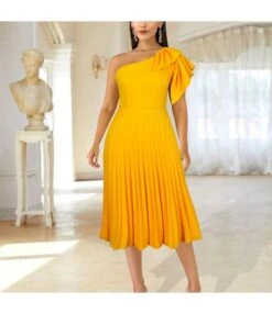 Women One Shoulder Pleated Yellow Irregular Wholesale Prom Dresses SDN580573