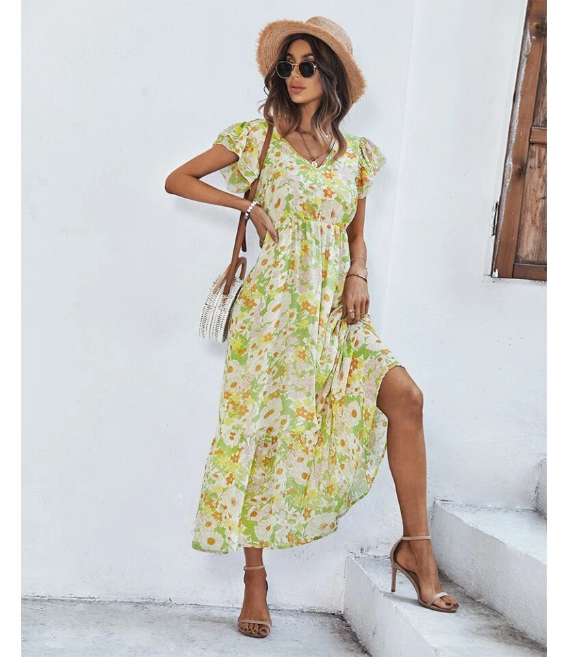 Floral Print Frill Sleeve V Neck Nipped Waist Mid-Length Ruffled Flowy Dress Casual Wholesale Dresses SDN533131 - Image 9